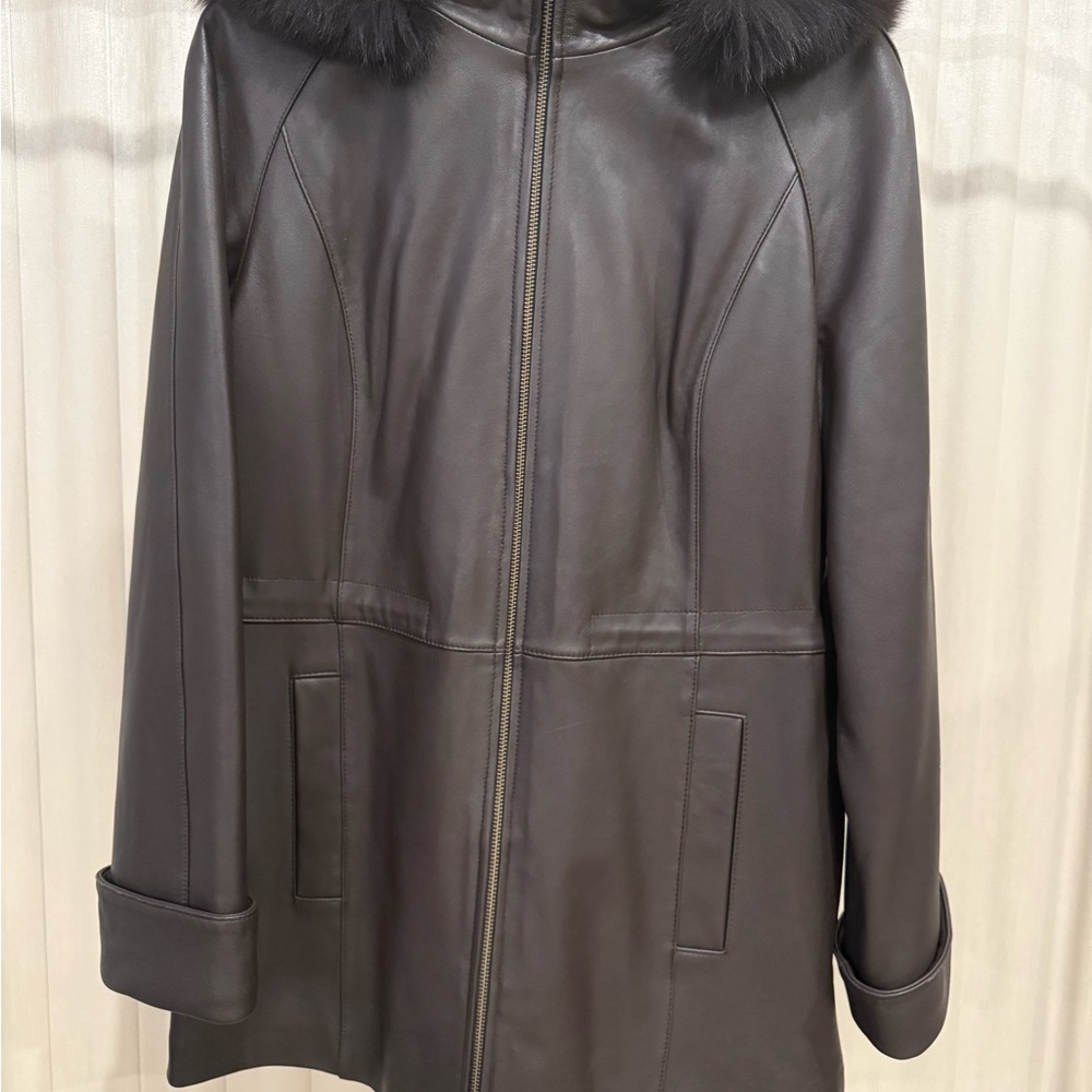 Black Leather Jacket with Fur Faux Collar and Full-Length Zipper